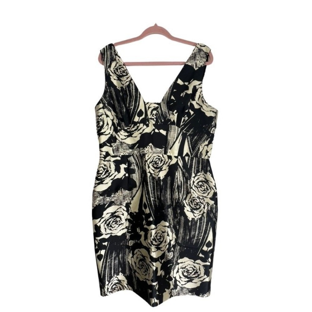 Donna Morgan Black Ivory Roses Bodycon Silky V-Neck Midi Cocktail Dress 16